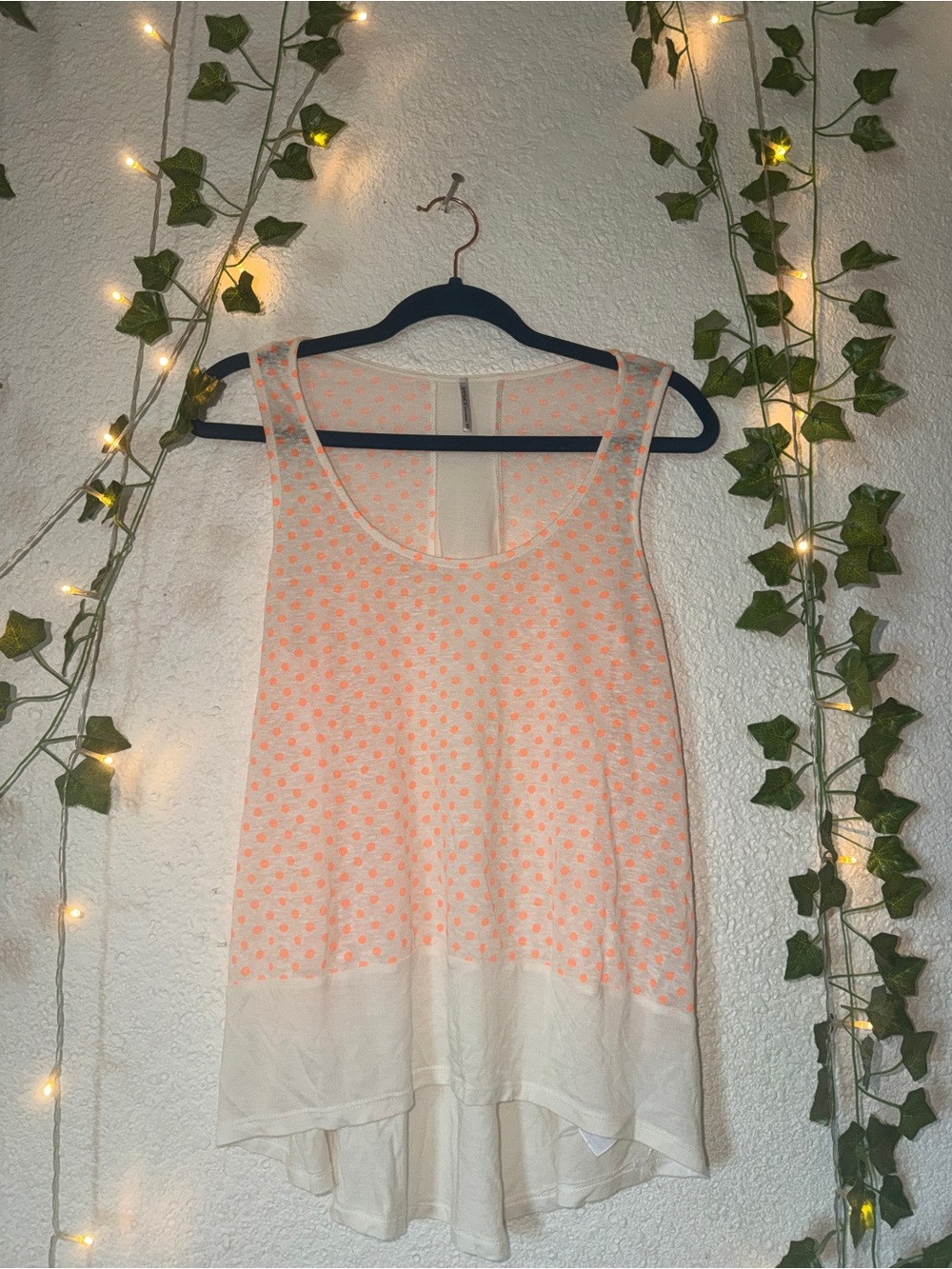 100% Linen Polka Dot Layered-Trim Tank Top - White with Coral Dots
